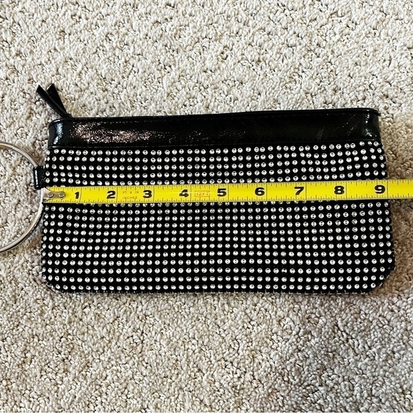 Black Patent Leather Rhinestone Bling Clutch Handbag Silver Biker Moto Wristlet - Picture 7 of 8